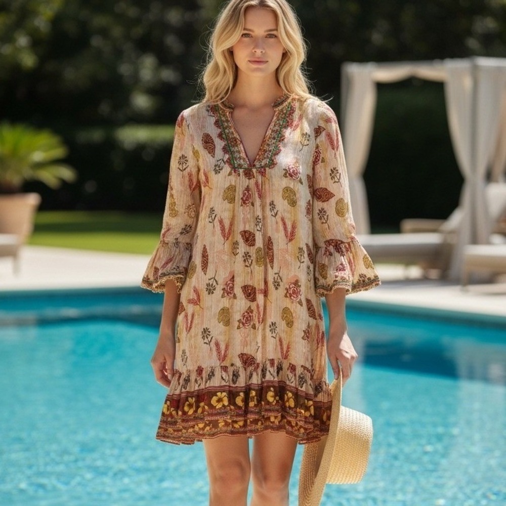 Zara Tunic Mini Dress Womens Sz M Beige Red Embroidered Beaded Bell Sleeve Boho